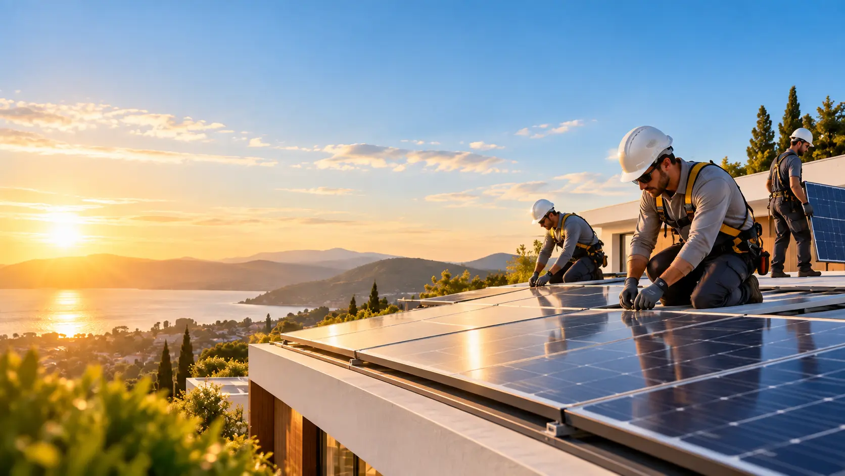 Equipe técnica instalando painéis solares com segurança